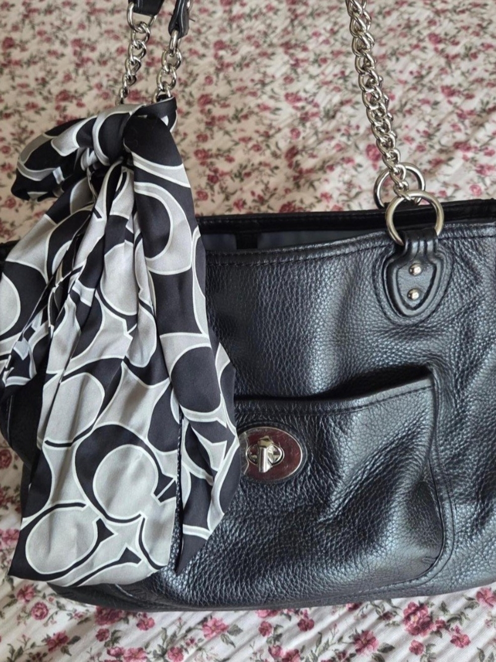 Classic Black Leather Tote with Chain Handles
